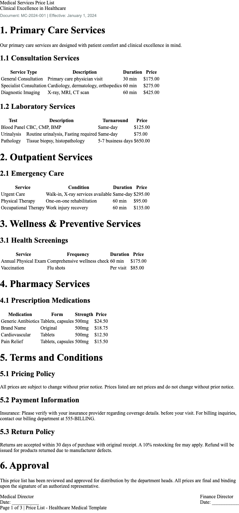 Healthcare Medical price list Template